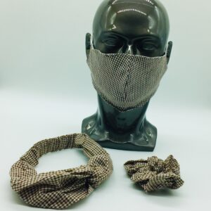 brown checkered mask, headband and scrunchies set