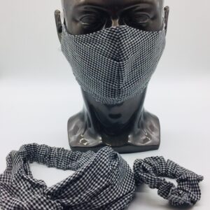 black checkered mask, headband and scrunchies set